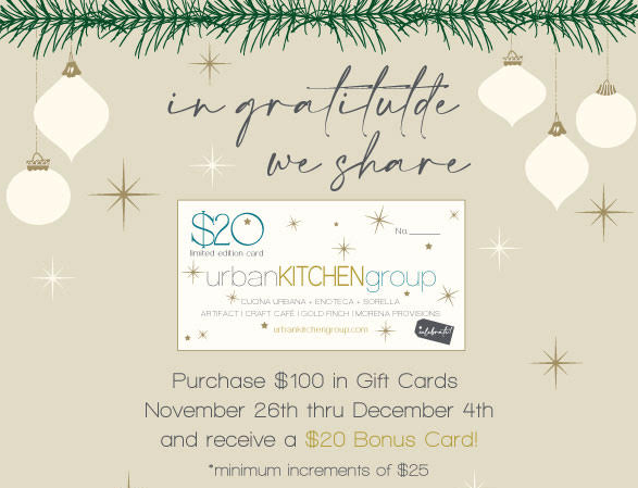 HOLIDAY GIFT CARD – Buy a $100 and receive a $20 BONUS CARD for in-store purchases!